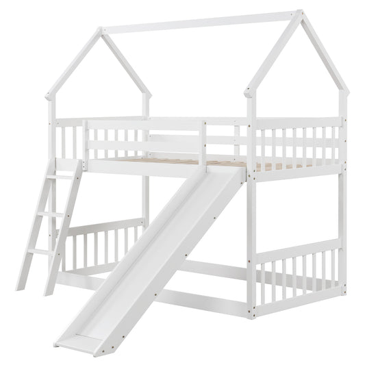 Twin Over Twin House Bunk Bed with Slide and Ladder-White