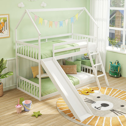Twin Over Twin House Bunk Bed with Slide and Ladder-White