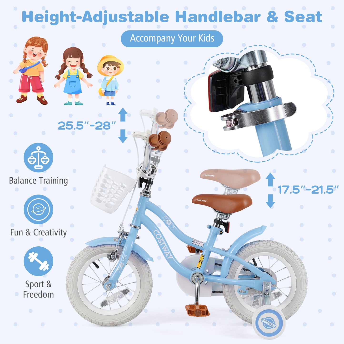 12 Inch Kids Bike with Adjustable Handlebar and Seat for 3-4 Year Old Kids Crystal