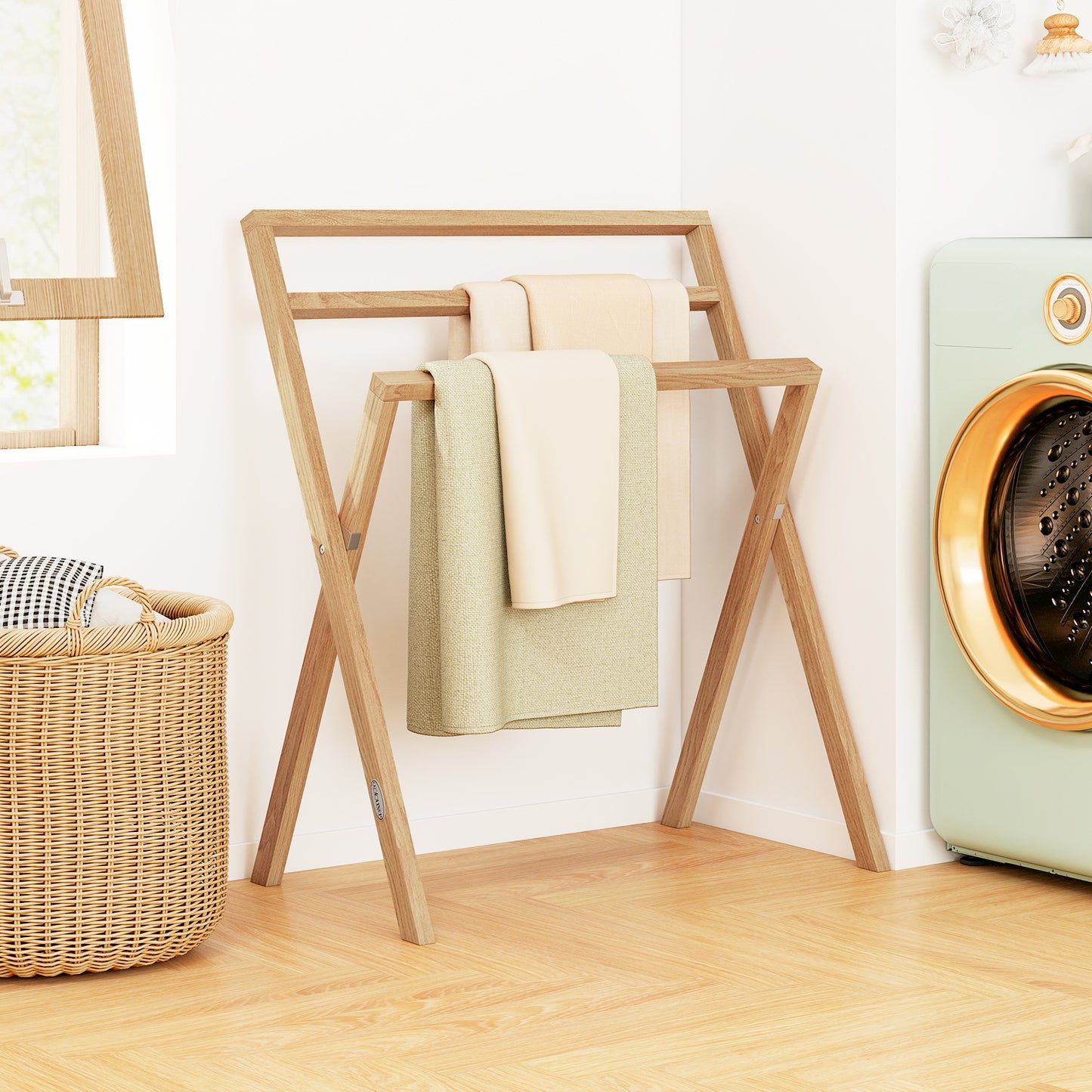 Freestanding Foldable Teak Wood Towel Rack with 3 Hanging Crossbars Kids Crystal