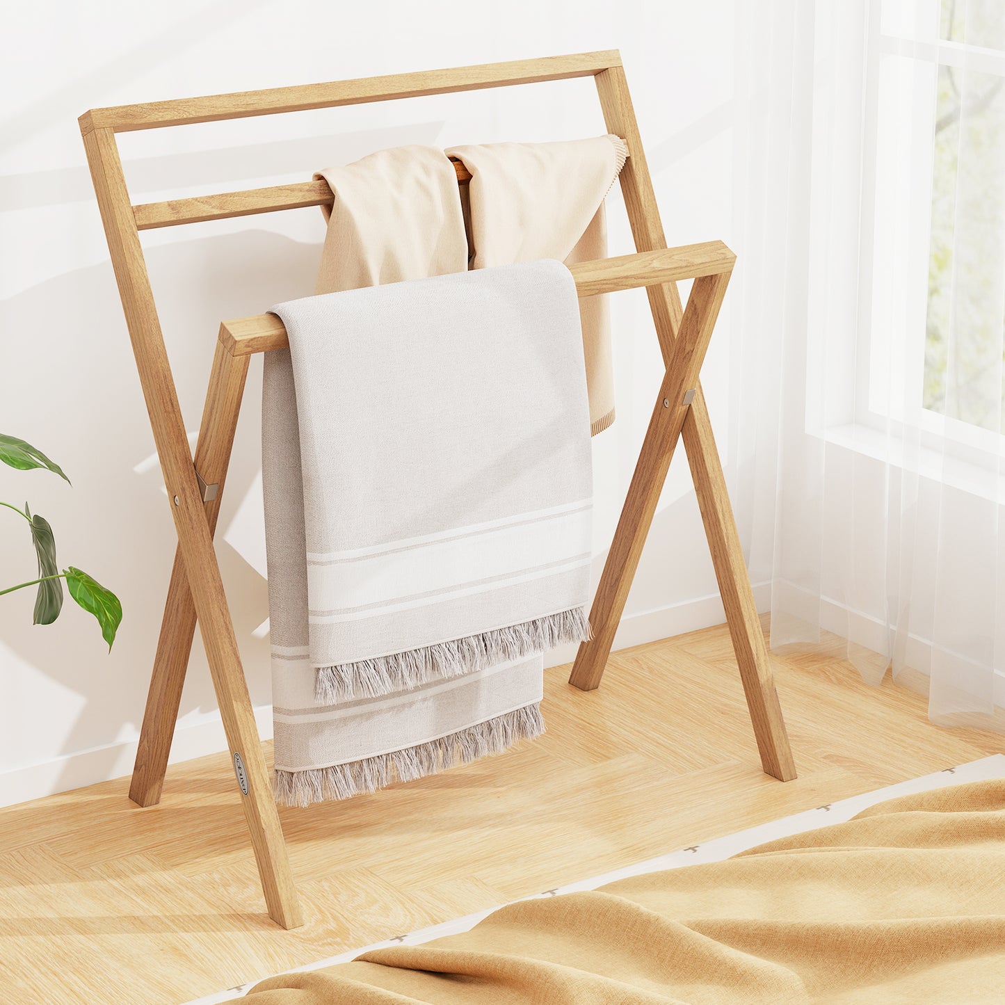 Freestanding Foldable Teak Wood Towel Rack with 3 Hanging Crossbars Kids Crystal