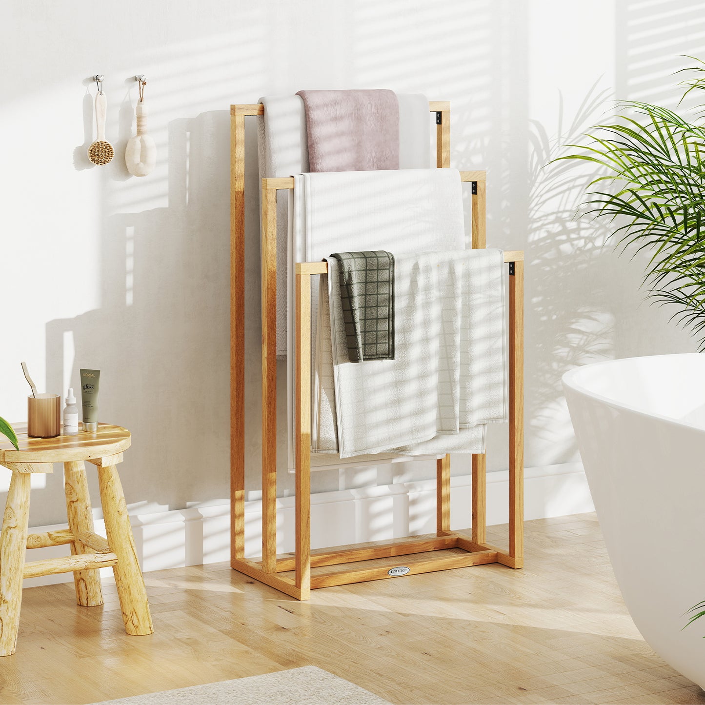 3-Tier Teak Wood Towel Rack with 3 Hanging Crossbars Kids Crystal