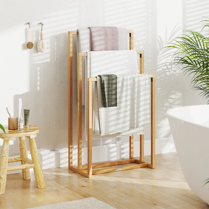 3-Tier Teak Wood Towel Rack with 3 Hanging Crossbars