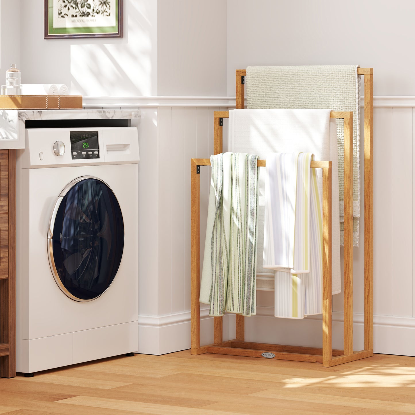 3-Tier Teak Wood Towel Rack with 3 Hanging Crossbars Kids Crystal