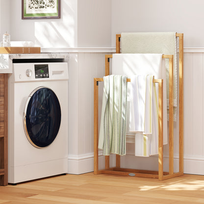 3-Tier Teak Wood Towel Rack with 3 Hanging Crossbars