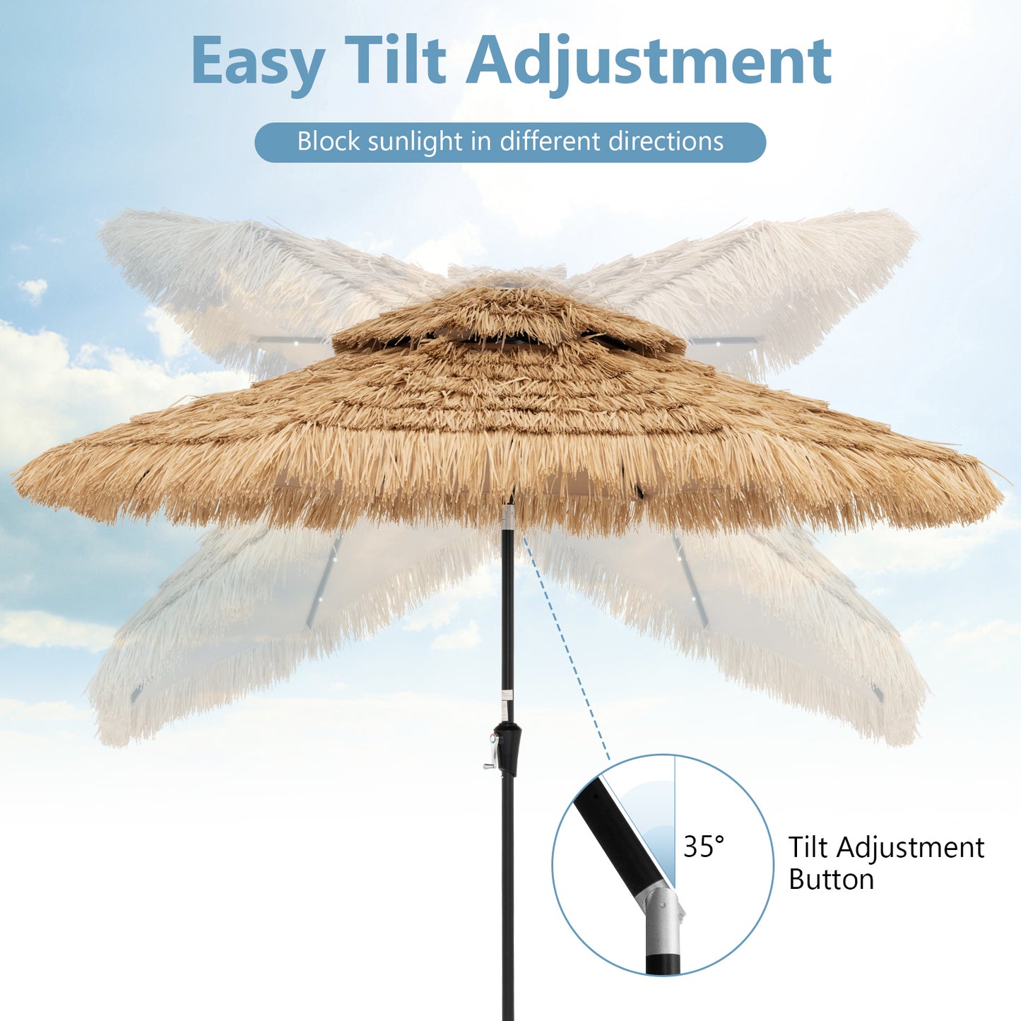9 Feet Solar Powered Thatched Tiki Patio Umbrella with Led Lights Kids Crystal