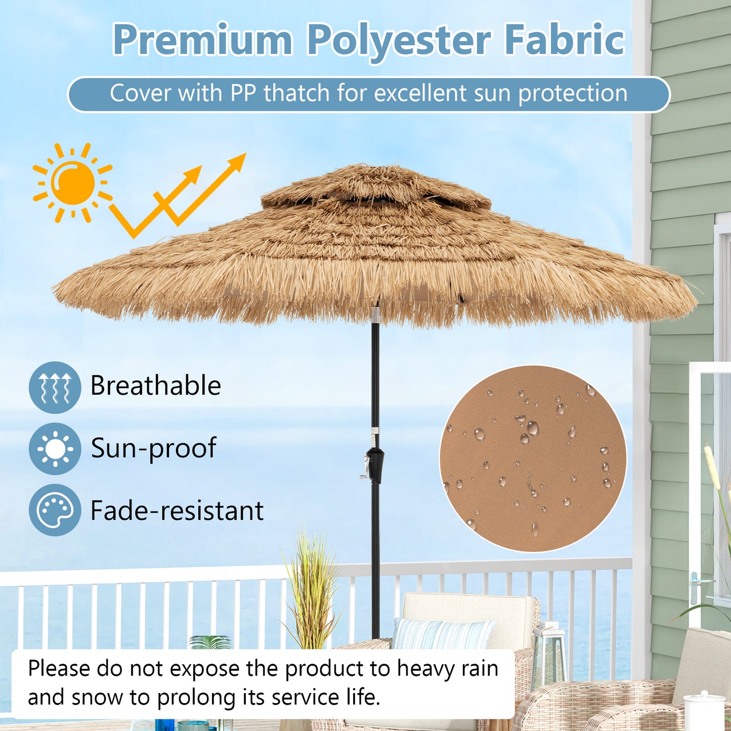 9 Feet Solar Powered Thatched Tiki Patio Umbrella with Led Lights Kids Crystal
