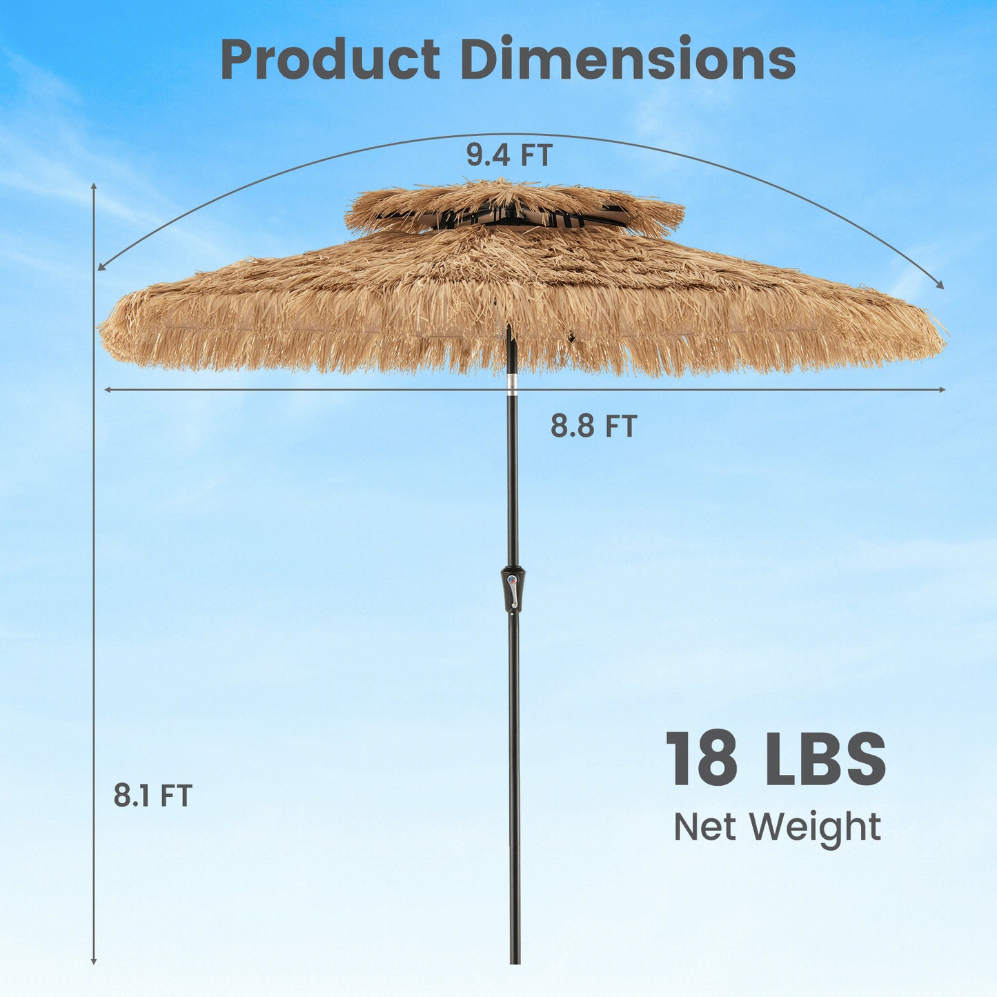 9 Feet Thatched Tiki Umbrella with 8 Ribs Kids Crystal