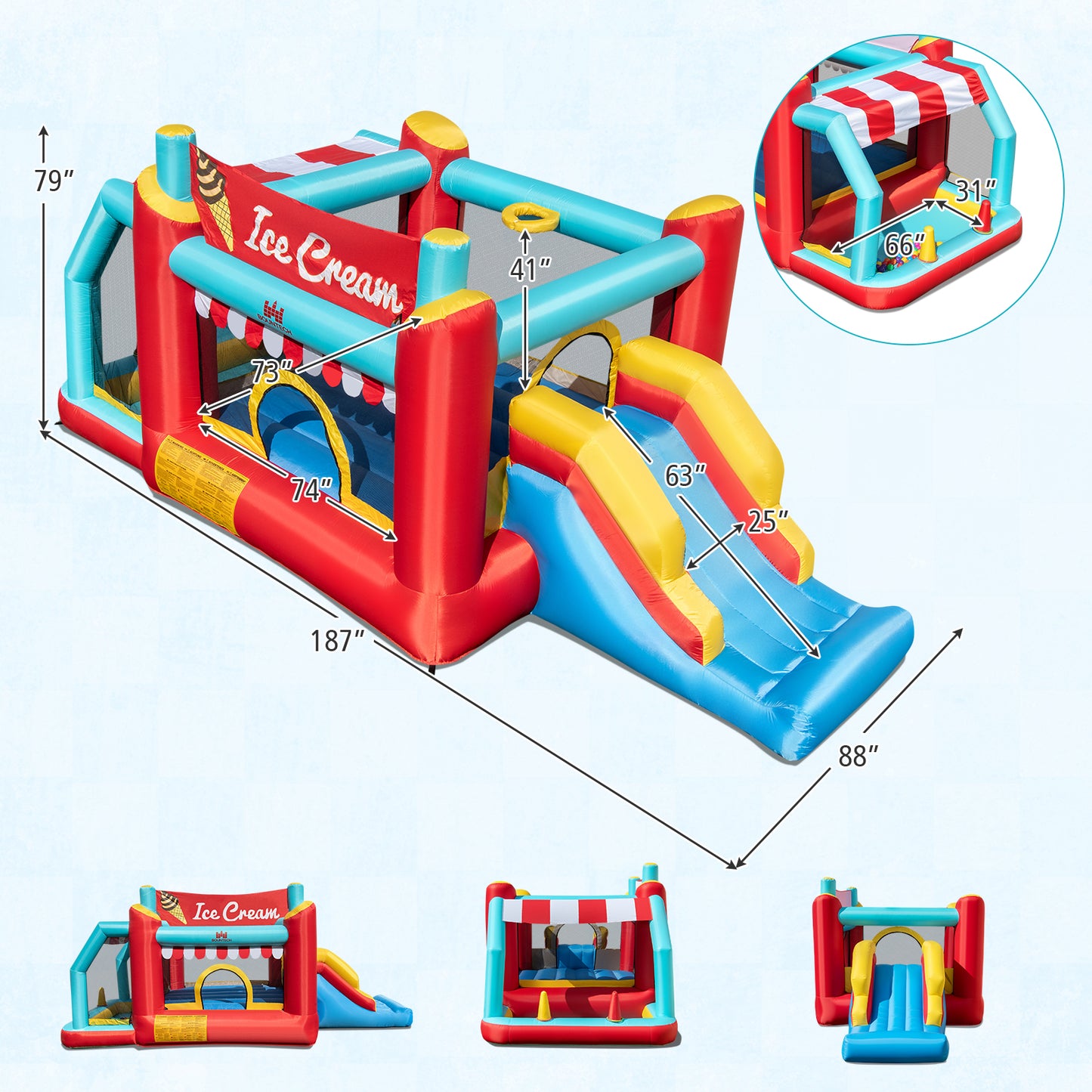 5-in-1 Ice Cream Inflatable Bounce House with Ball Pit and Slide without Blower Kids Crystal
