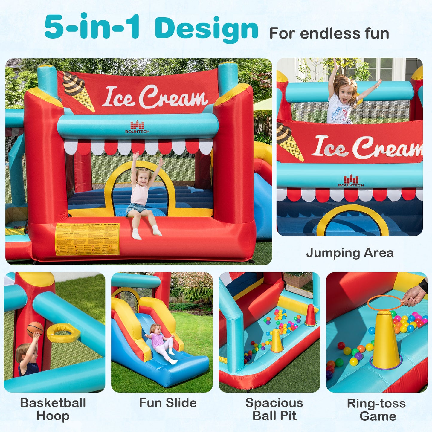 5-in-1 Ice Cream Inflatable Bounce House with Ball Pit and Slide without Blower Kids Crystal