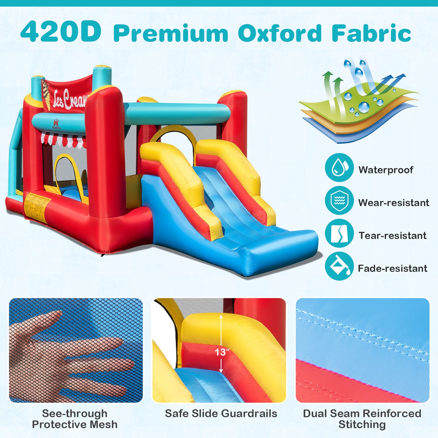 5-in-1 Ice Cream Inflatable Bounce House with Ball Pit and Slide without Blower Kids Crystal