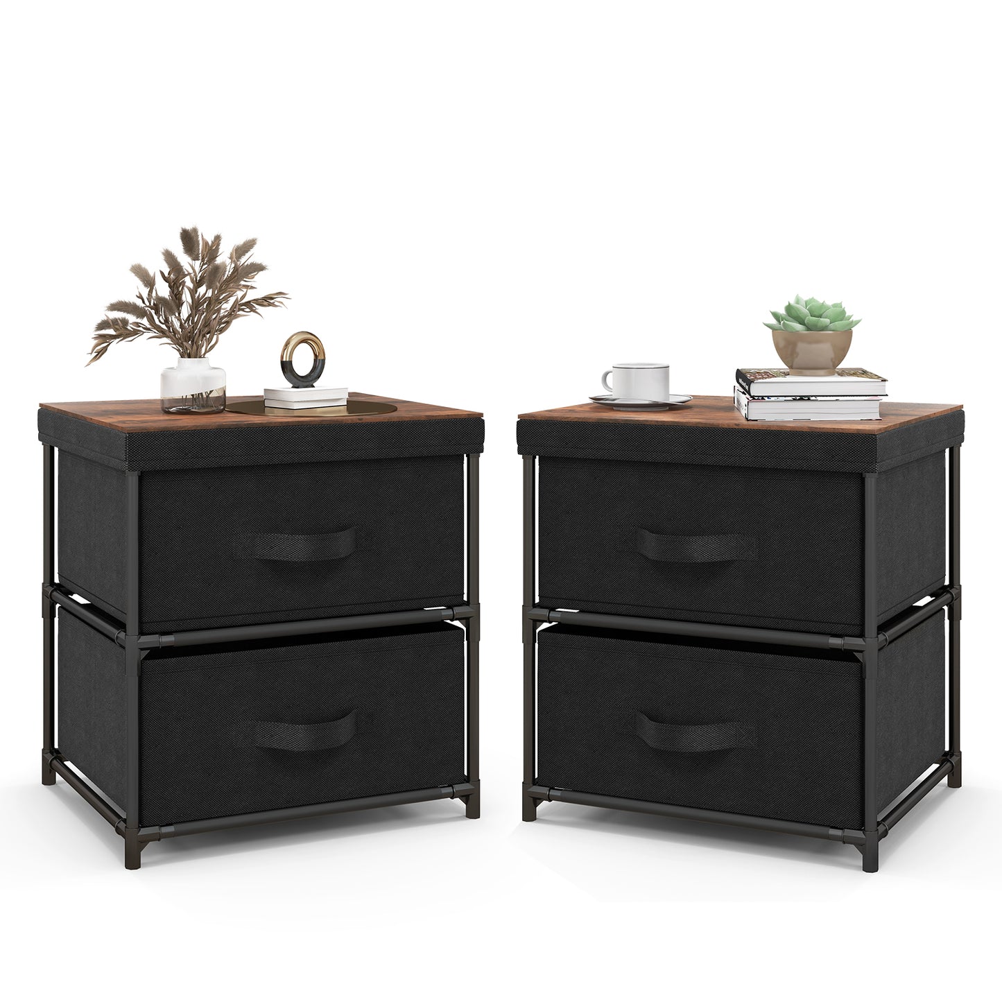 2-Drawer Nightstand with Removable Fabric Bins and Pull Handles Set of 2-Black Kids Crystal