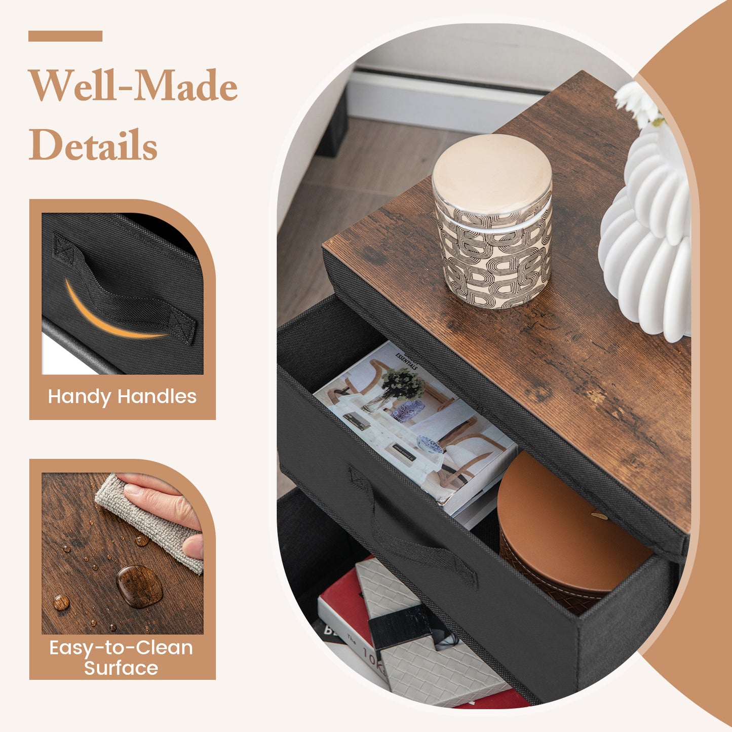 2-Drawer Nightstand with Removable Fabric Bins and Pull Handles Set of 2-Black Kids Crystal