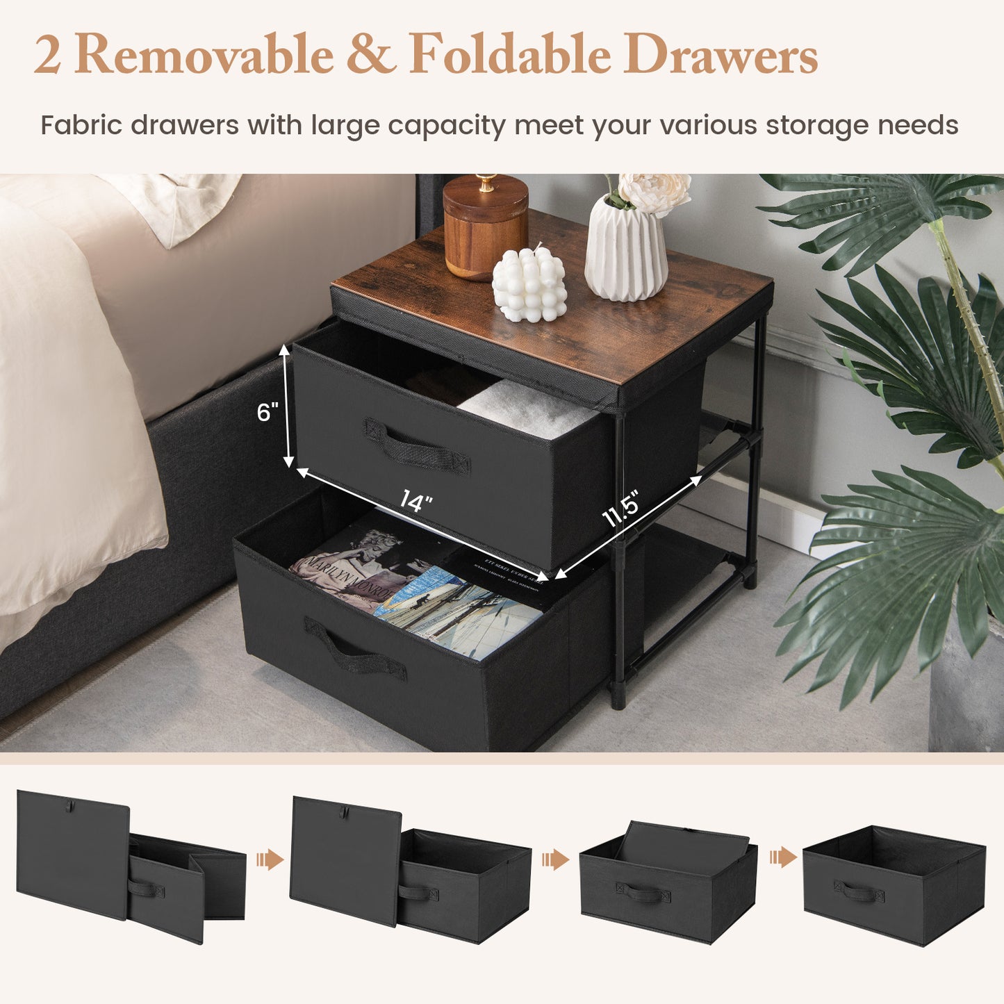 2-Drawer Nightstand with Removable Fabric Bins and Pull Handles Set of 2-Black Kids Crystal