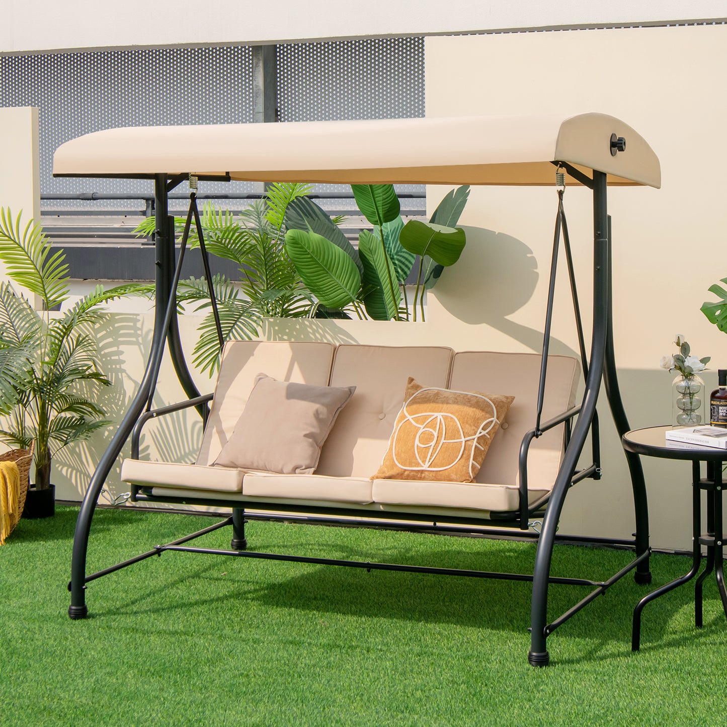 3 Seat Outdoor Porch Swing with Adjustable Canopy-Beige Kids Crystal