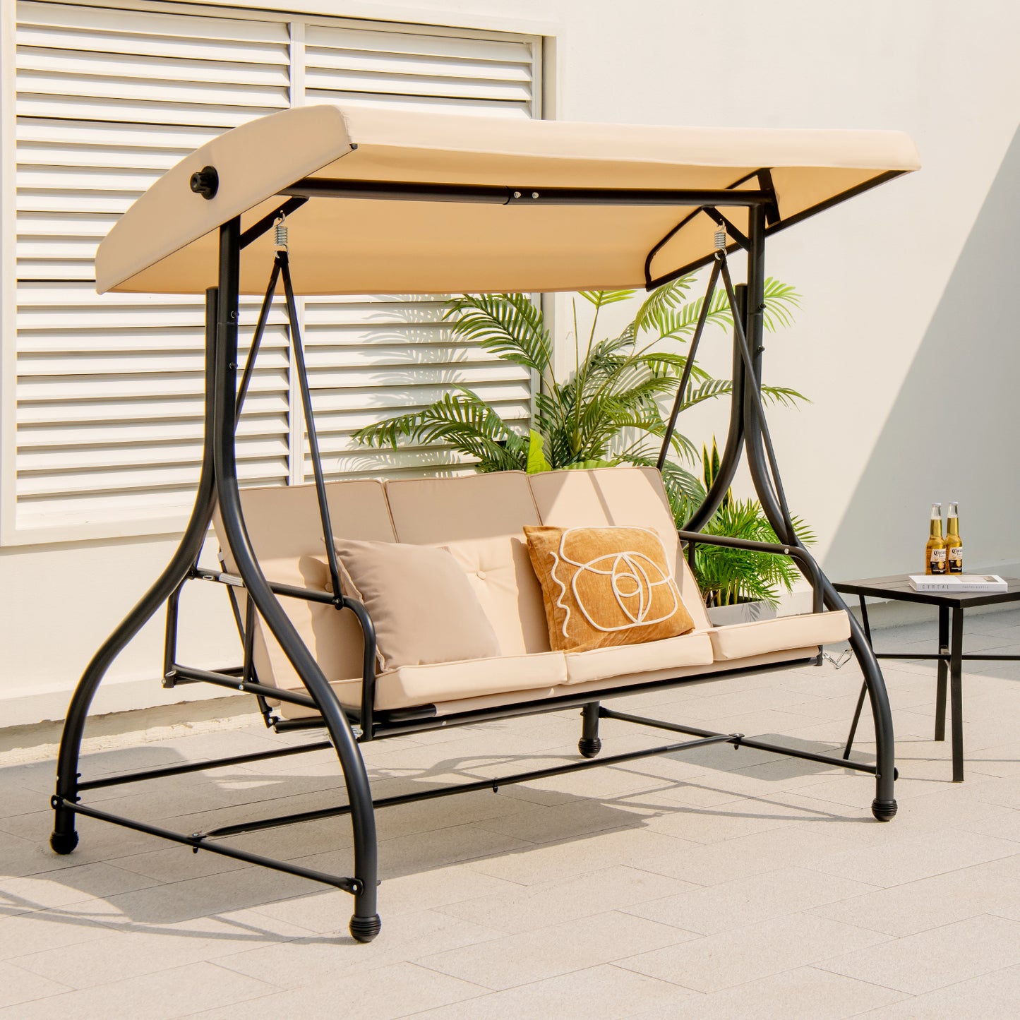 3 Seat Outdoor Porch Swing with Adjustable Canopy-Beige Kids Crystal