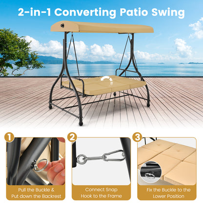 3 Seat Outdoor Porch Swing with Adjustable Canopy-Beige