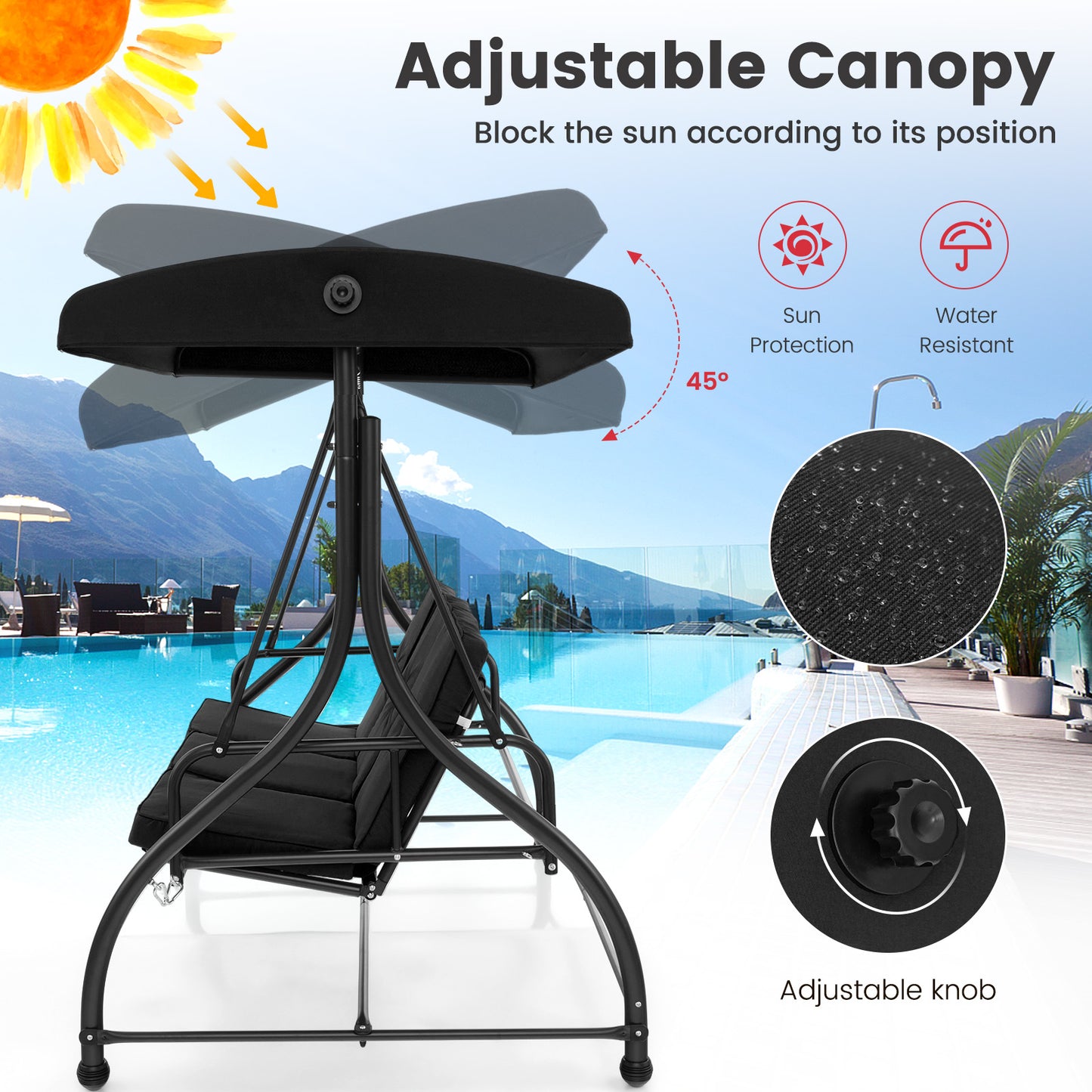 3 Seat Outdoor Porch Swing with Adjustable Canopy-Black Kids Crystal