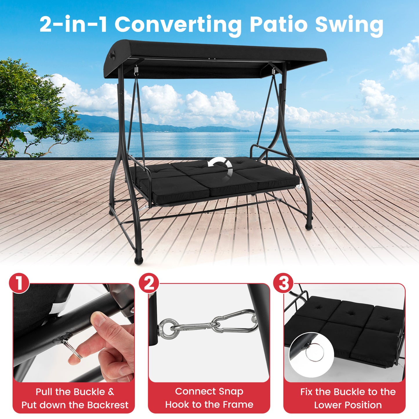 3 Seat Outdoor Porch Swing with Adjustable Canopy-Black Kids Crystal