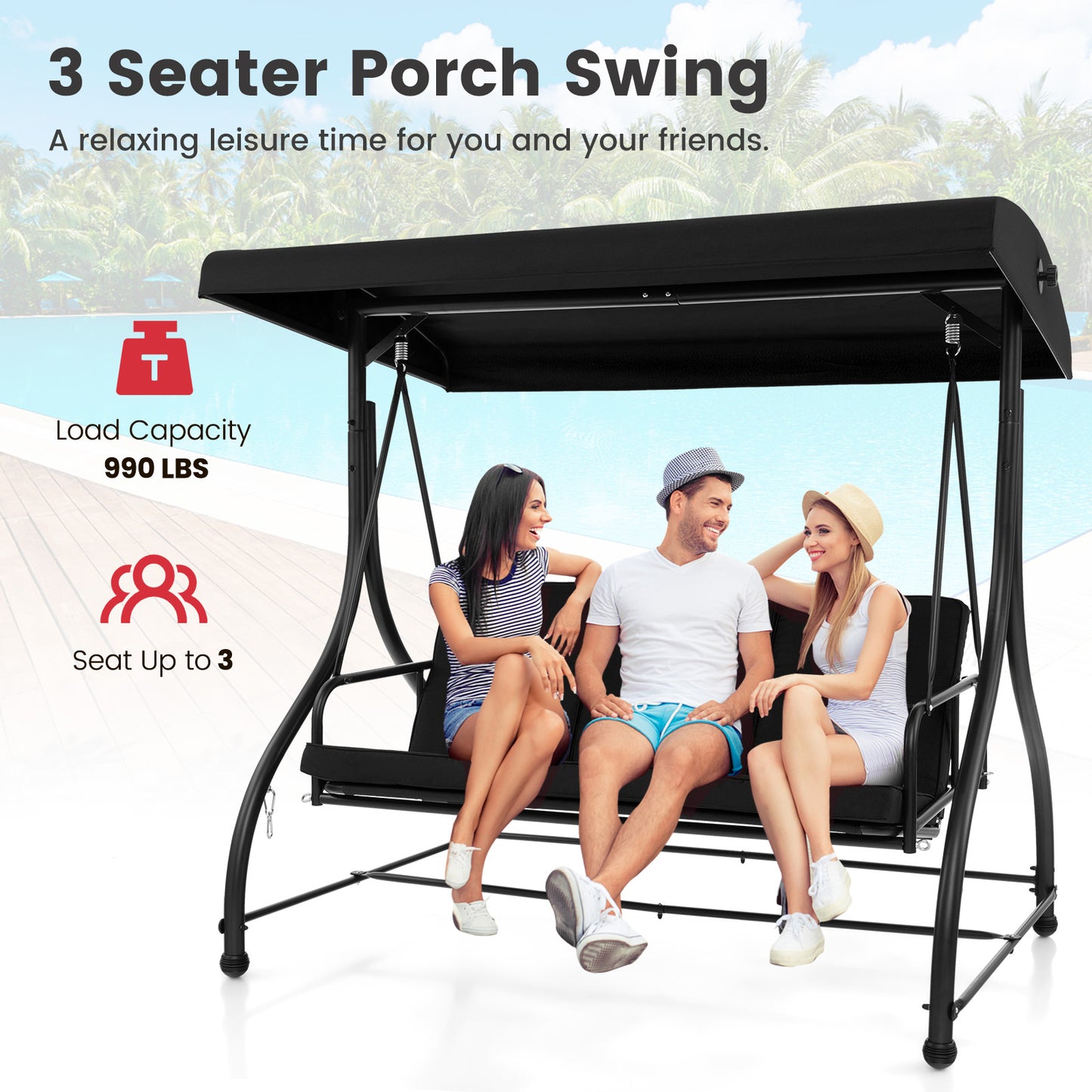 3 Seat Outdoor Porch Swing with Adjustable Canopy-Black Kids Crystal