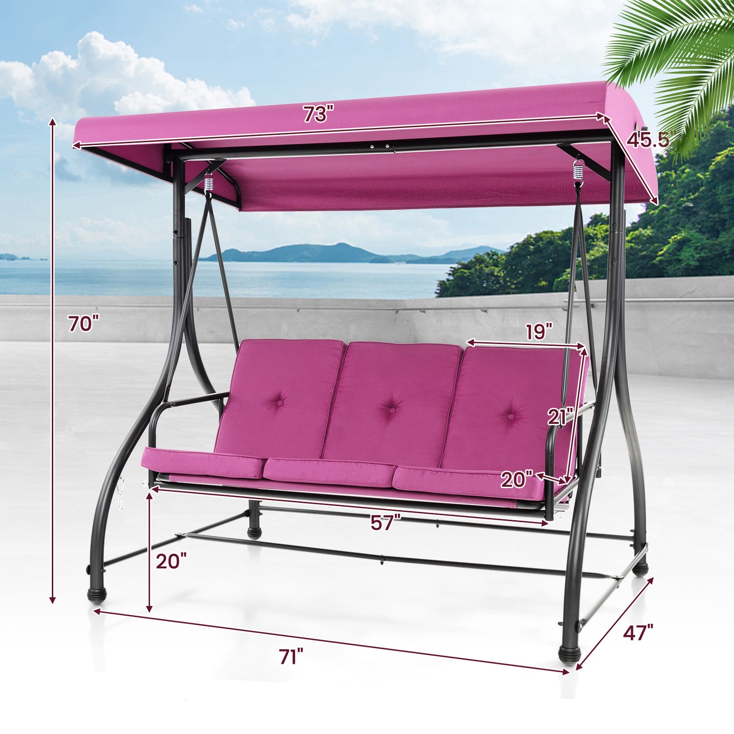 3 Seat Outdoor Porch Swing with Adjustable Canopy-Wine Kids Crystal