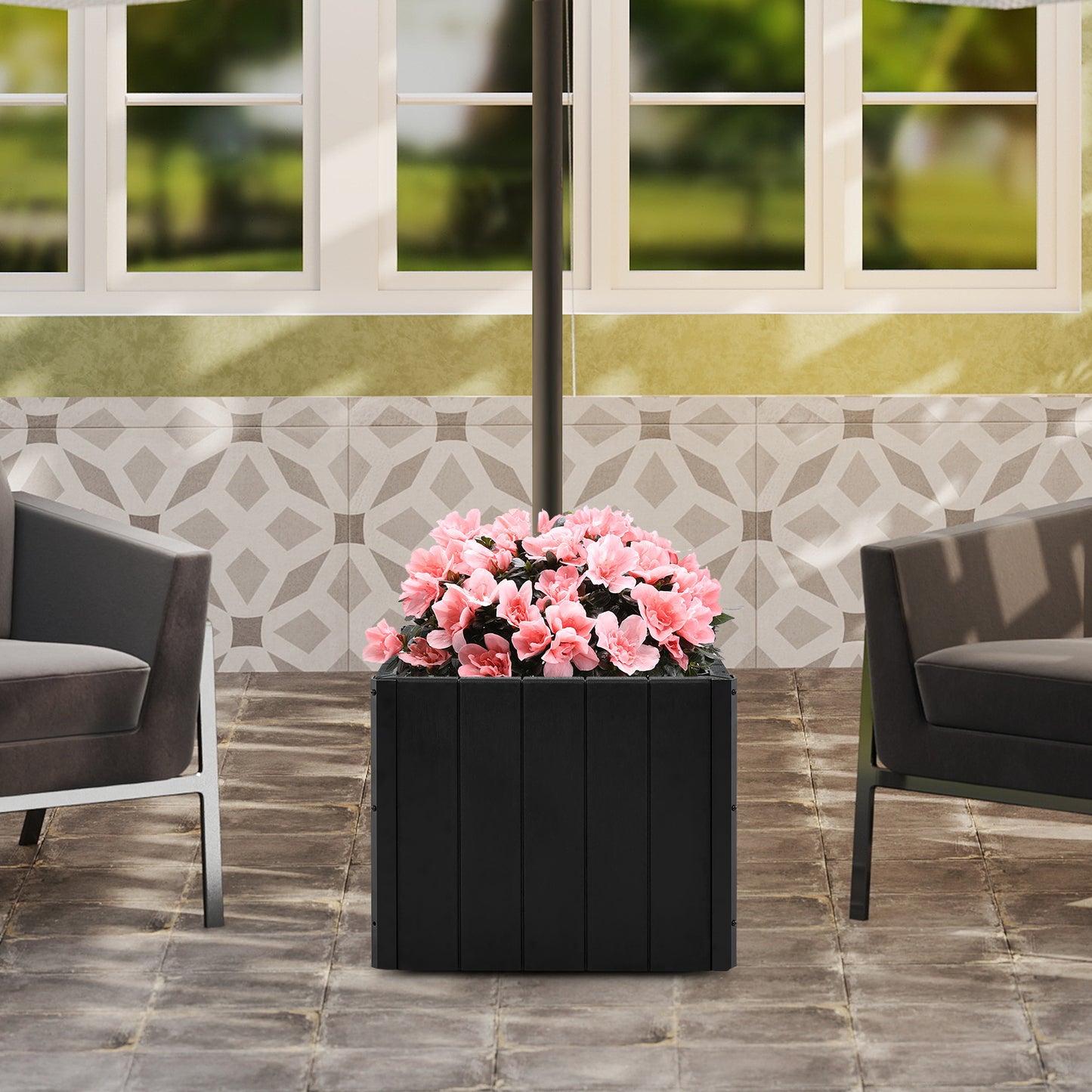 2-in-1 Outdoor Umbrella Base Planter Patio Umbrella Stand with Flower Box-Black Kids Crystal