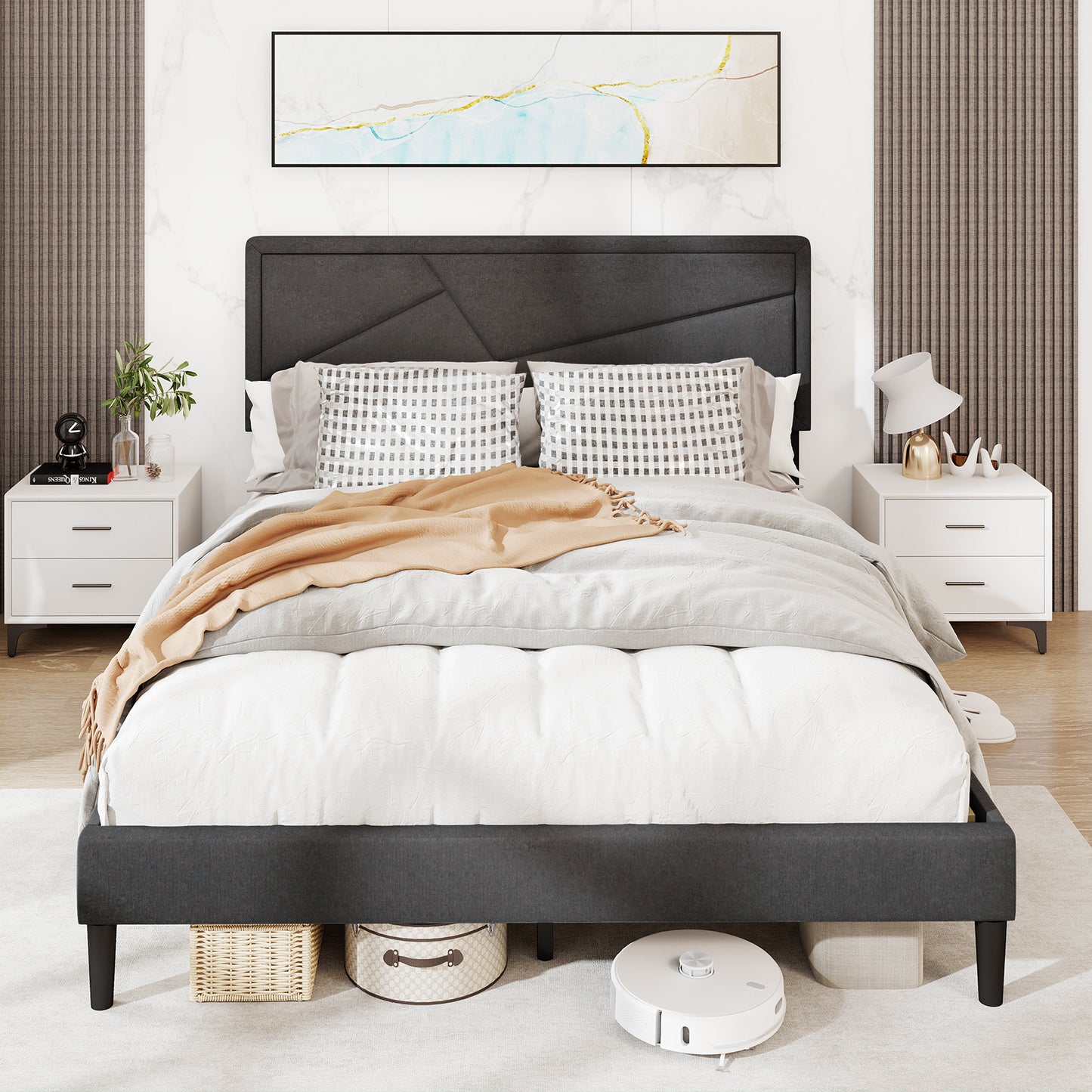 Twin/Full/Queen Size Upholstered Platform Bed Frame with High Headboard-Queen Size Kids Crystal