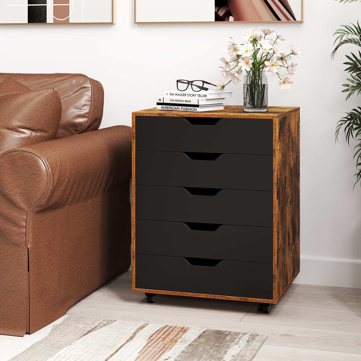 5 Drawer Mobile Lateral Filing Storage Home Office Floor Cabinet with Wheels-Rustic Brown Kids Crystal