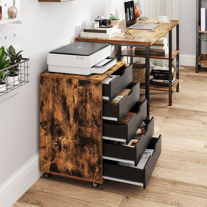5 Drawer Mobile Lateral Filing Storage Home Office Floor Cabinet with Wheels-Rustic Brown