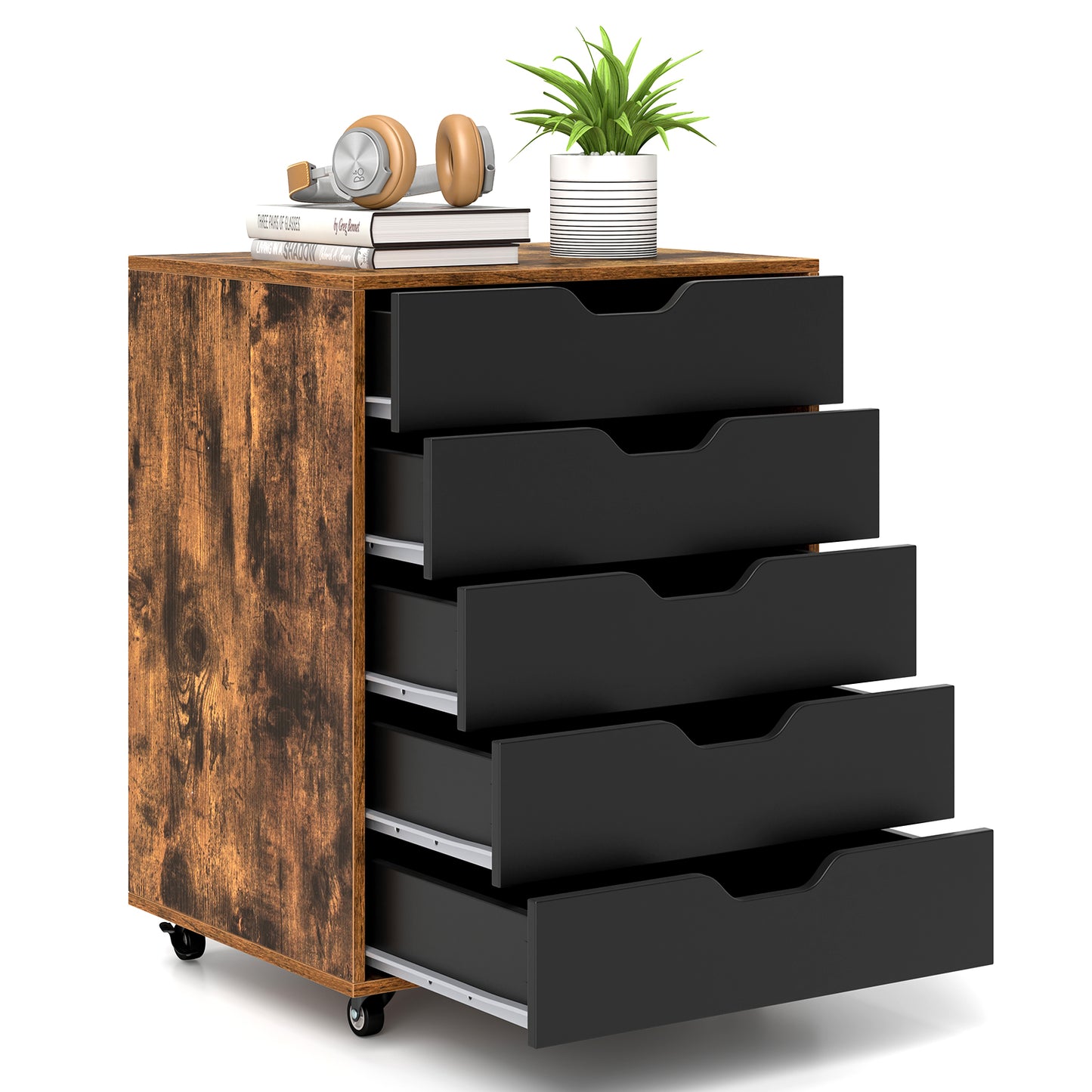 5 Drawer Mobile Lateral Filing Storage Home Office Floor Cabinet with Wheels-Rustic Brown Kids Crystal