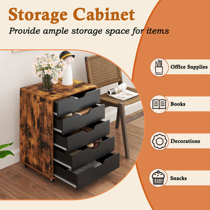 5 Drawer Mobile Lateral Filing Storage Home Office Floor Cabinet with Wheels-Rustic Brown