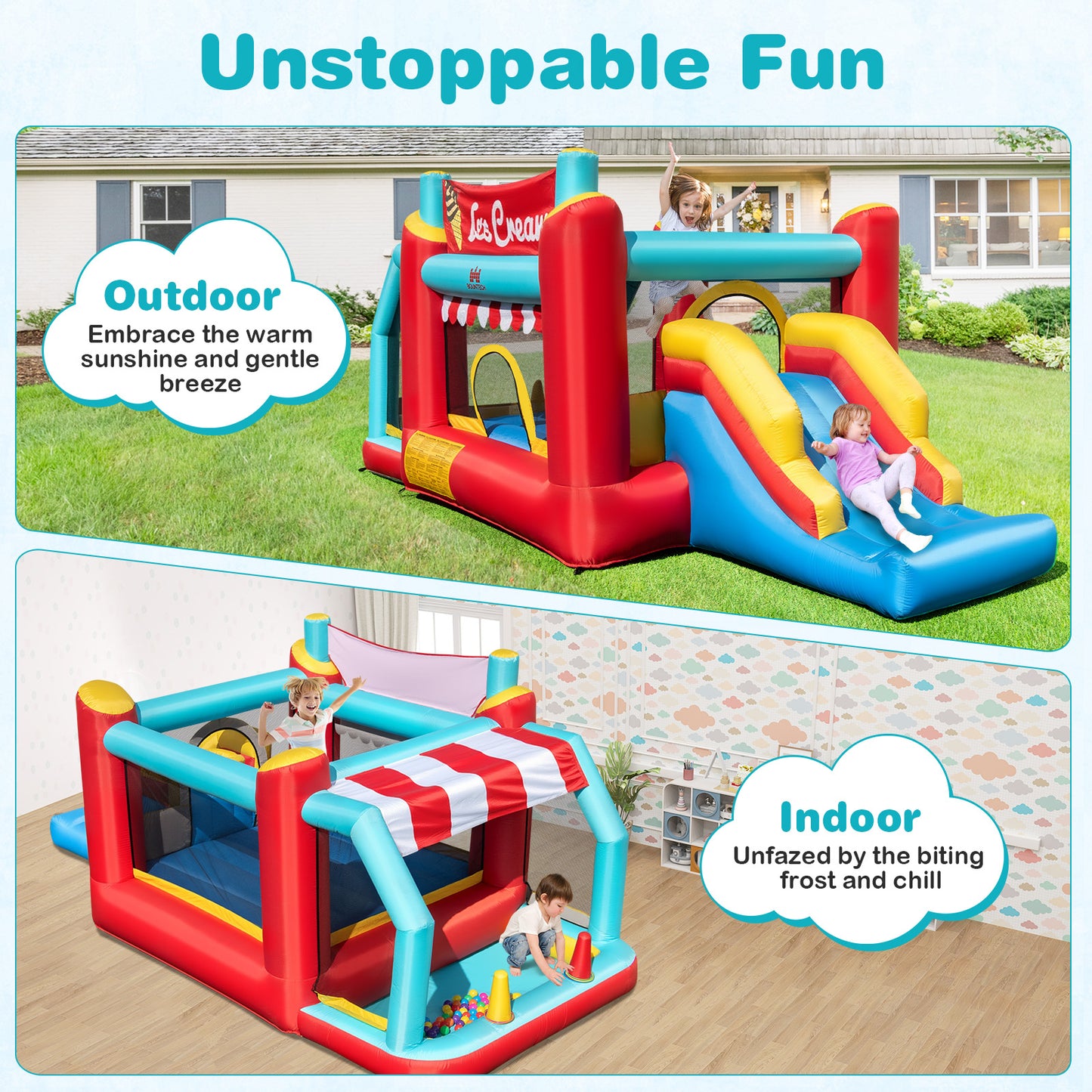 5-in-1 Ice Cream Inflatable Bounce House with Ball Pit and Slide with 480W Blower Kids Crystal