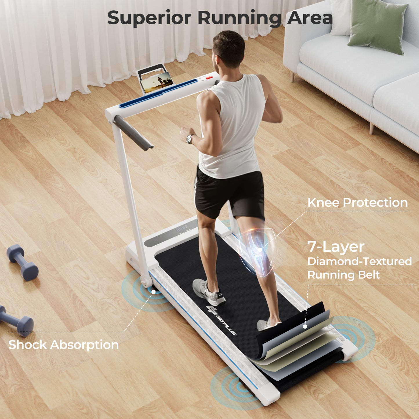 2.25HP 3-in-1 Folding Treadmill with Table Speaker Remote Control-White Kids Crystal
