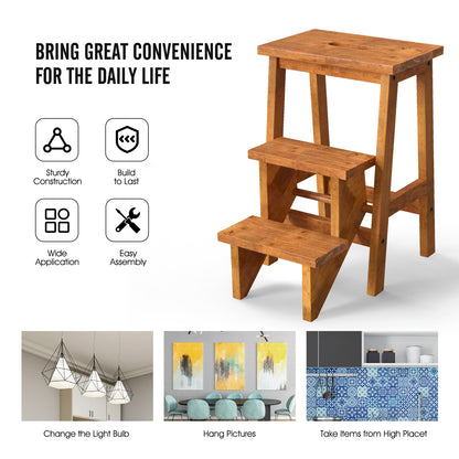 3-in-1 Rubber Wood Step Stool with Convenient Handle-Coffee