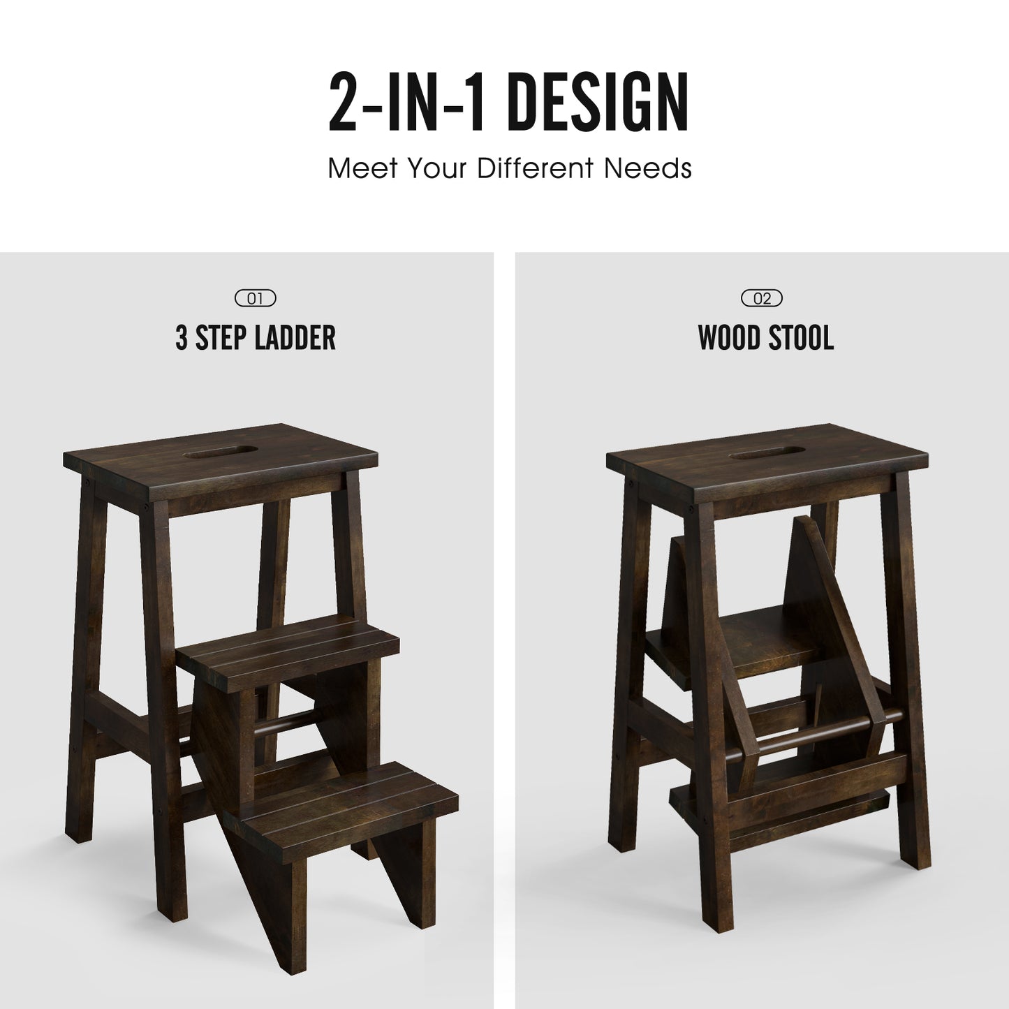 3-in-1 Rubber Wood Step Stool with Convenient Handle-Brown Kids Crystal