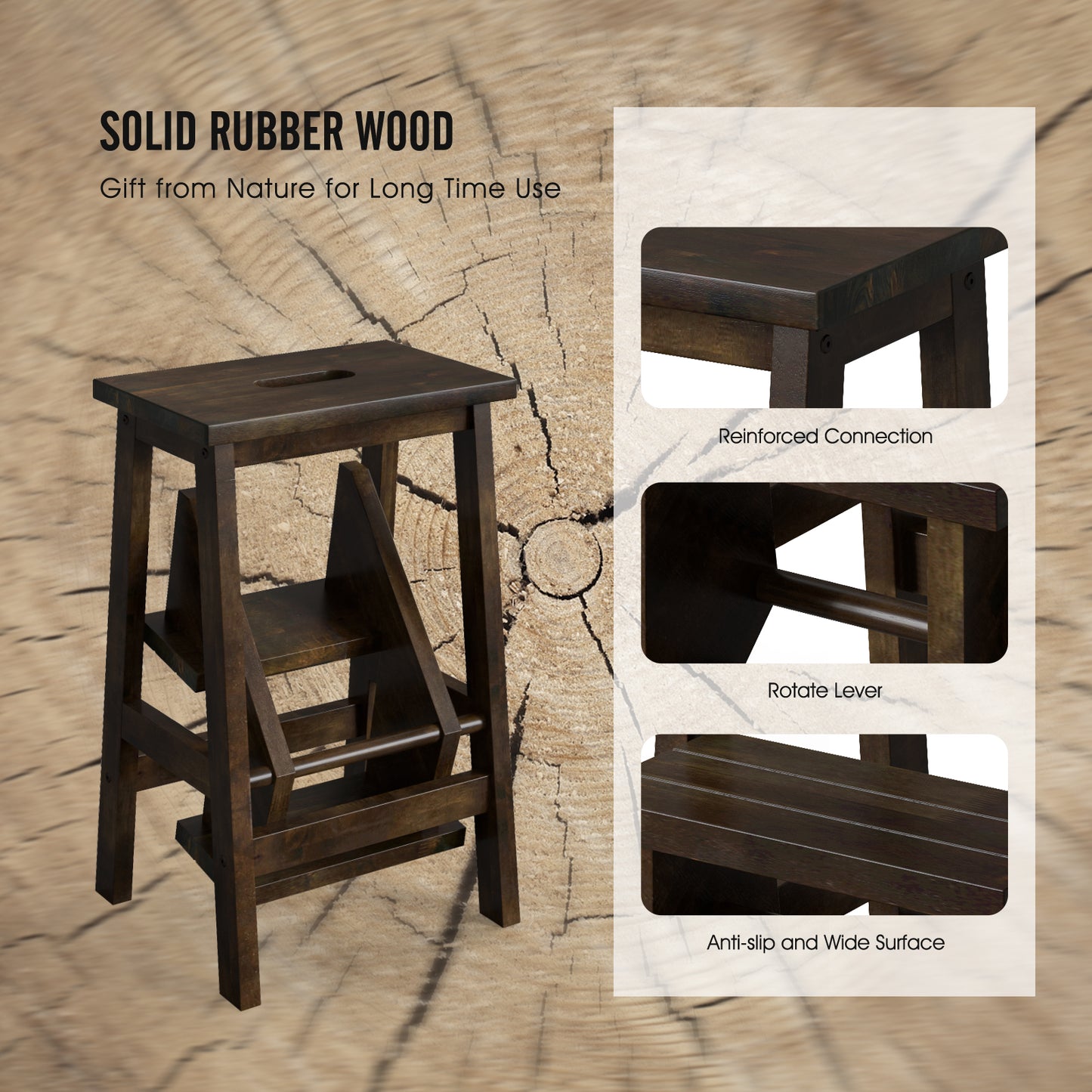 3-in-1 Rubber Wood Step Stool with Convenient Handle-Brown Kids Crystal