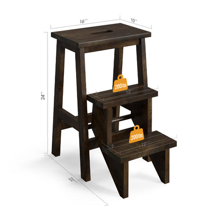 3-in-1 Rubber Wood Step Stool with Convenient Handle-Brown