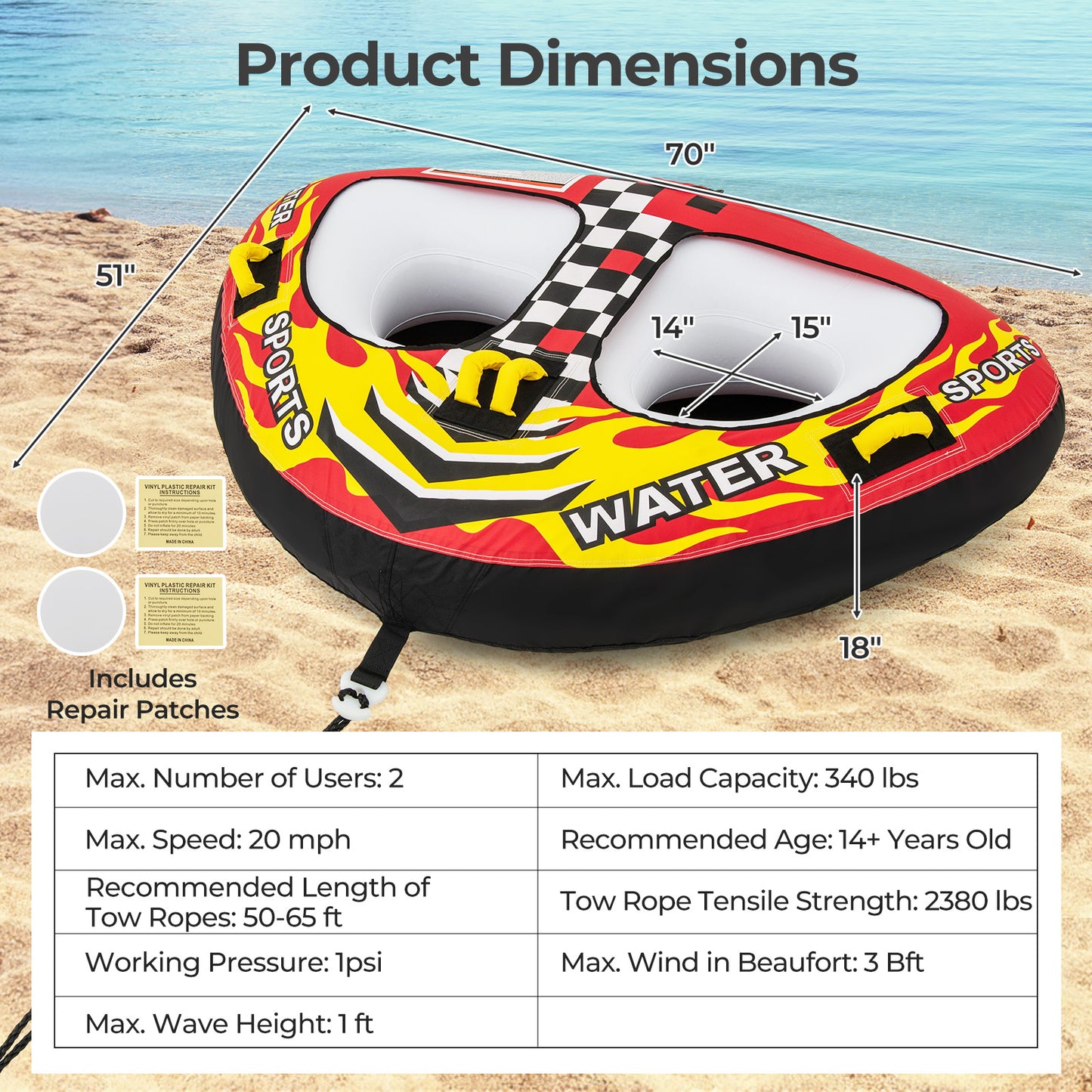 Towable Tube with Quick Connector and Drainage for Boating Kids Crystal