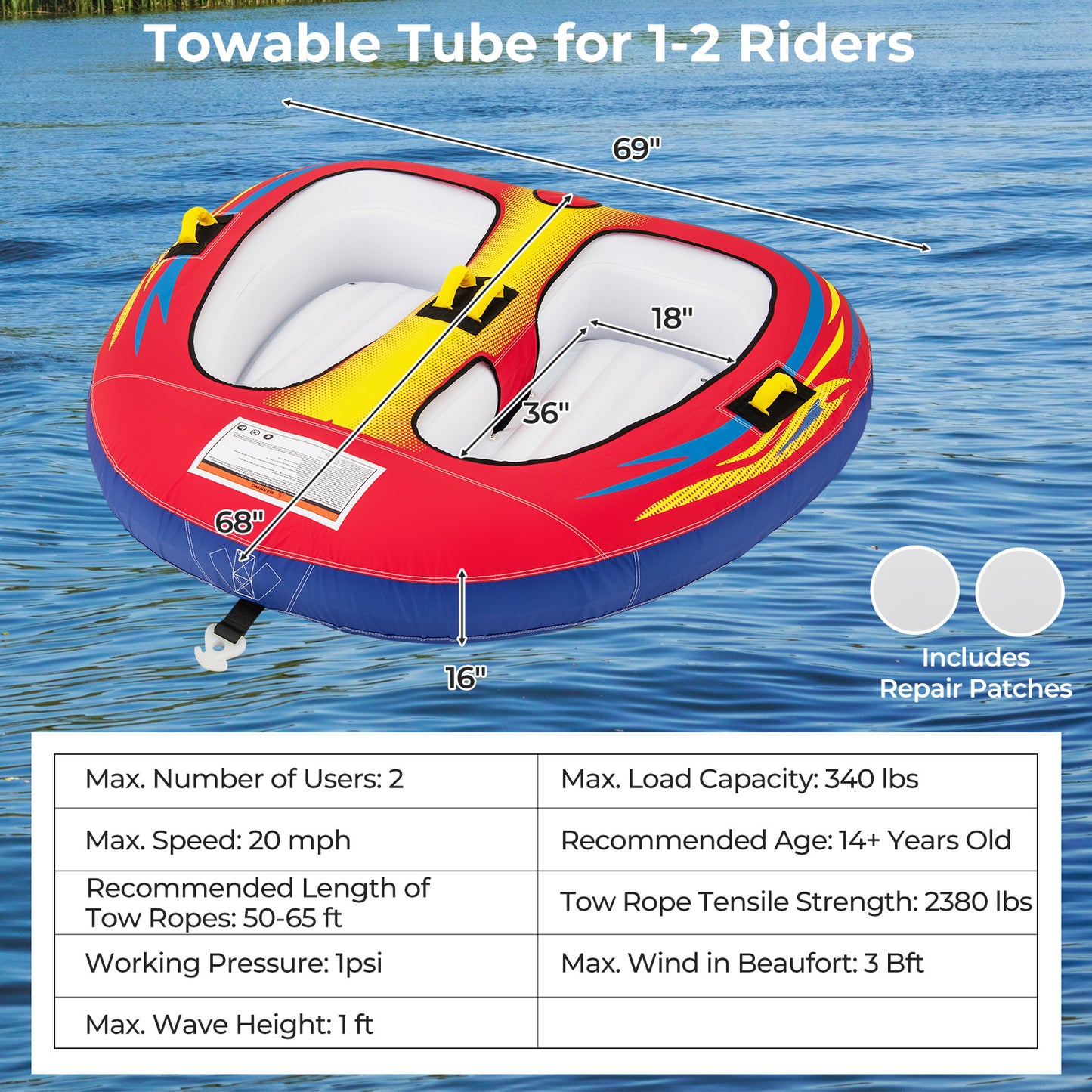 1 or 2 Person Inflatable Towable Tube for Boating with Drainage Kids Crystal