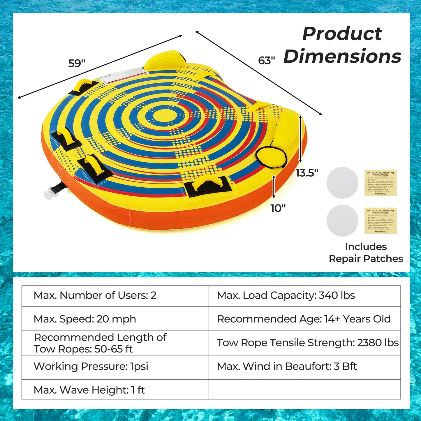 1 or 2 Person Inflatable Towable Tube for Boating with Quick Connector Kids Crystal