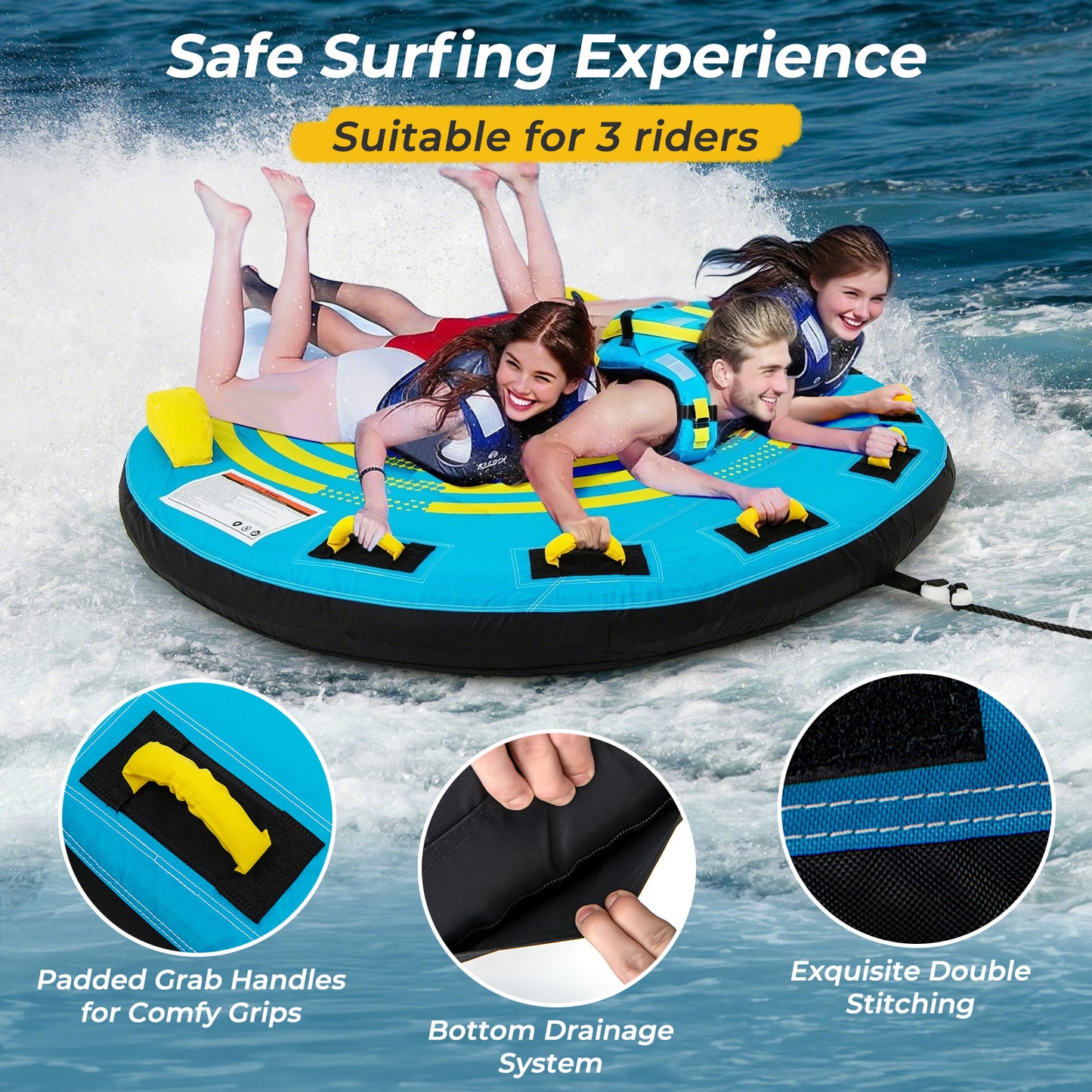 3-Person Inflatable Boat Tube Towable Platform with Double Valves Kids Crystal