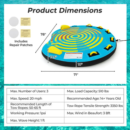 3-Person Inflatable Boat Tube Towable Platform with Double Valves