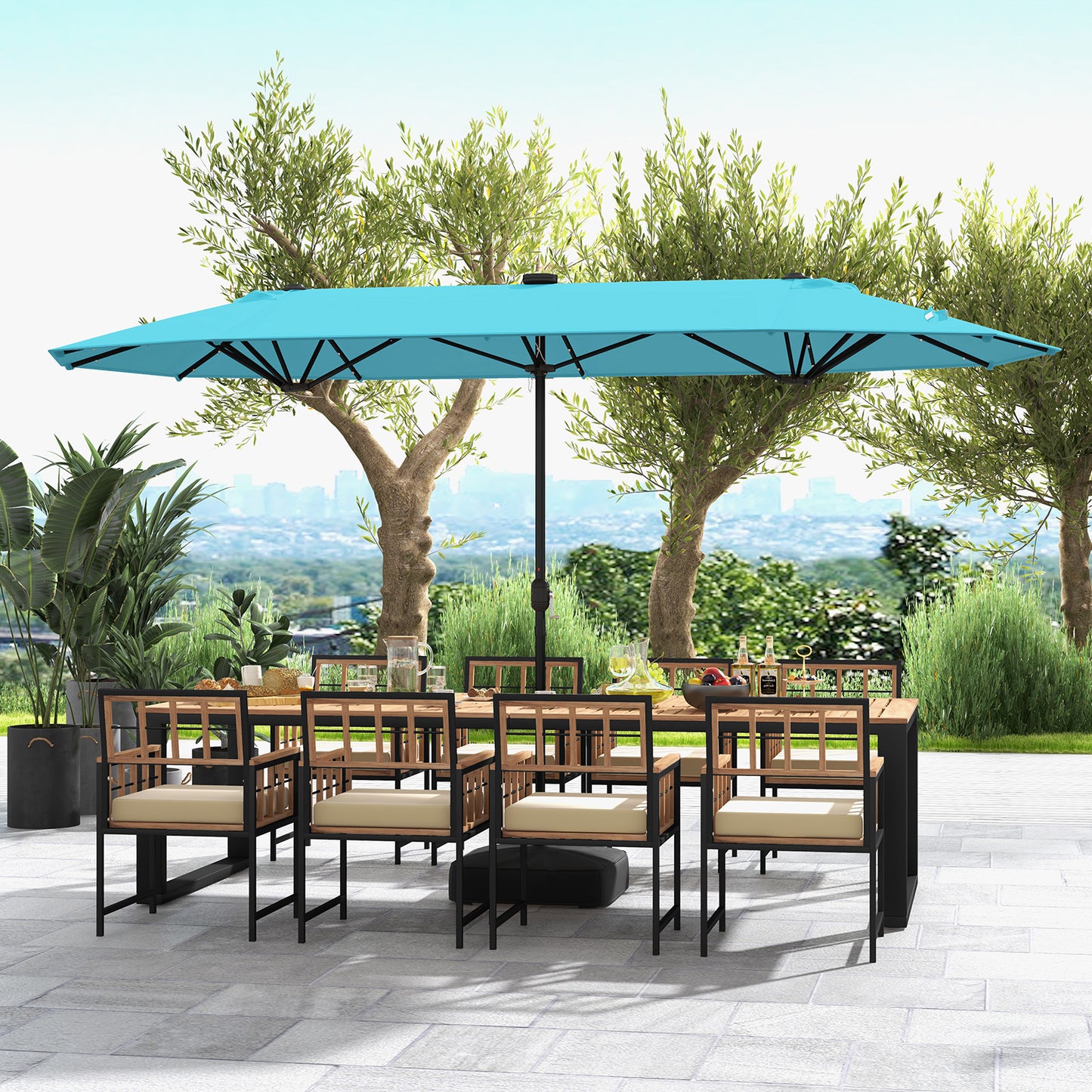13FT Double-sided Patio Umbrella with Solar Lights for Garden Pool Backyard-Turquoise Kids Crystal