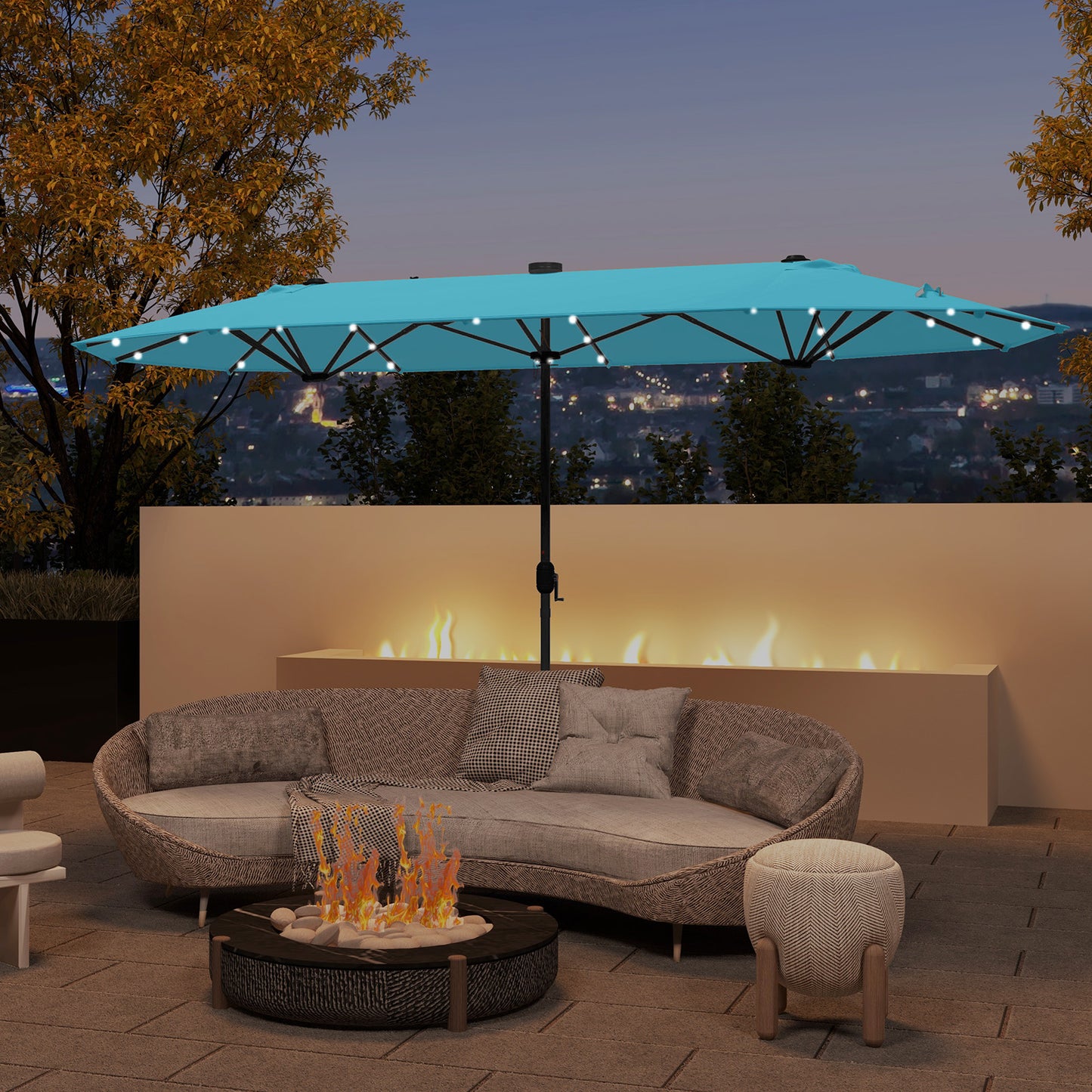 13FT Double-sided Patio Umbrella with Solar Lights for Garden Pool Backyard-Turquoise Kids Crystal