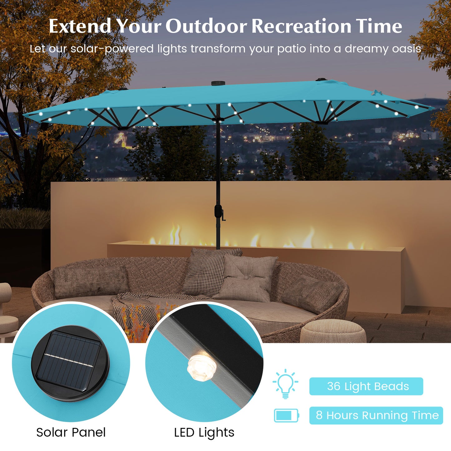 13FT Double-sided Patio Umbrella with Solar Lights for Garden Pool Backyard-Turquoise Kids Crystal