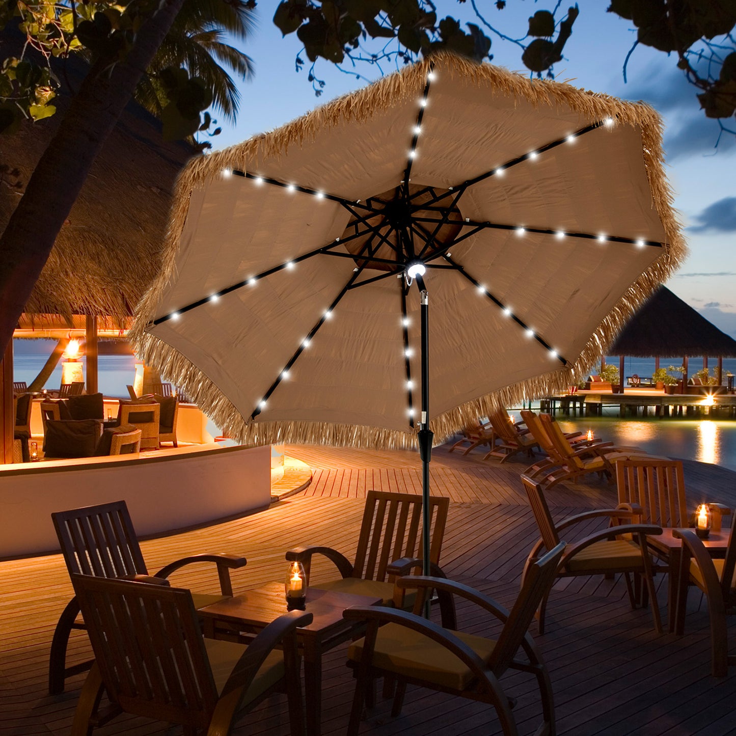 10 Feet Hawaiian Style Solar Lighted Thatched Tiki Patio Umbrella Kids Crystal