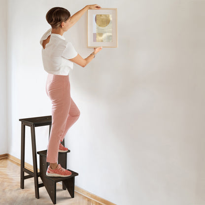 3-in-1 Rubber Wood 3 Tier Folding Step Stool Ladder Storage Shelf-Dark Brown