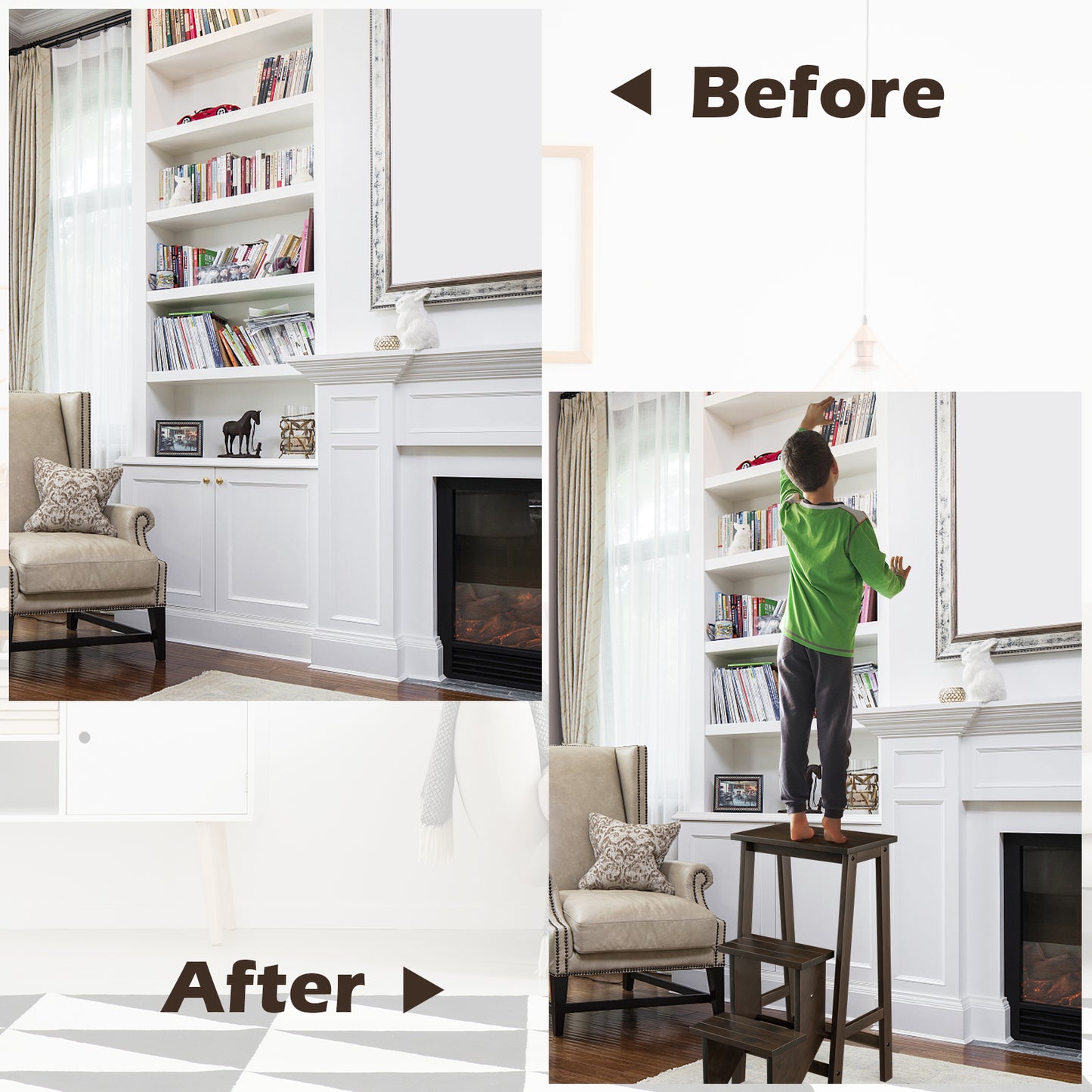 3-in-1 Rubber Wood 3 Tier Folding Step Stool Ladder Storage Shelf-Dark Brown Kids Crystal