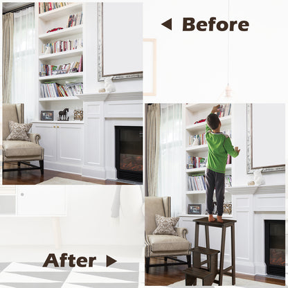 3-in-1 Rubber Wood 3 Tier Folding Step Stool Ladder Storage Shelf-Dark Brown