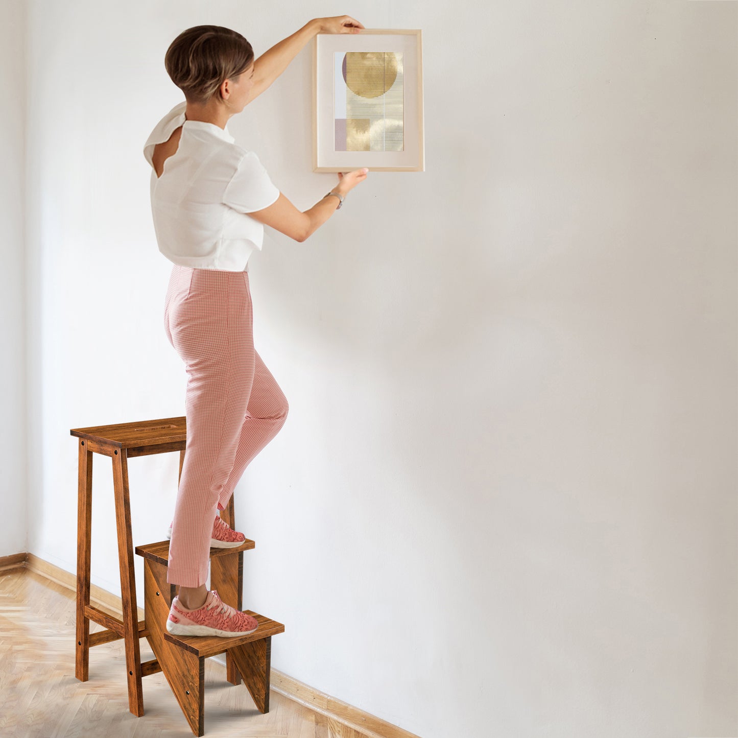 3-in-1 Rubber Wood 3 Tier Folding Step Stool Ladder Storage Shelf-Brown Kids Crystal